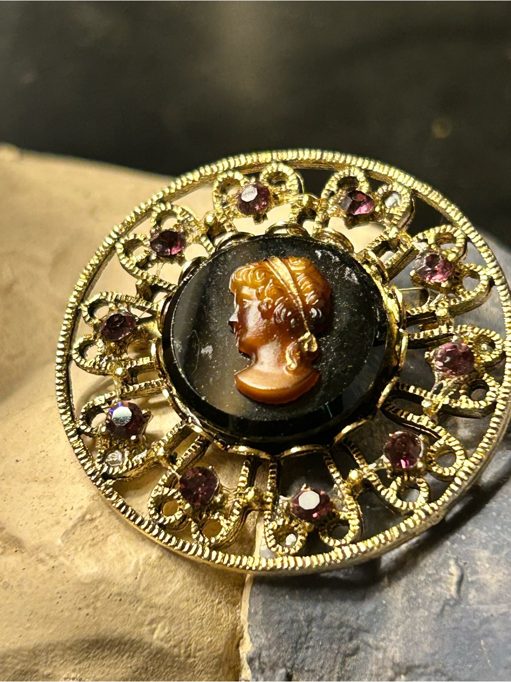 Vintage Cameo Filigree Brooch Gold with Black Accent & Purple prong set crystals